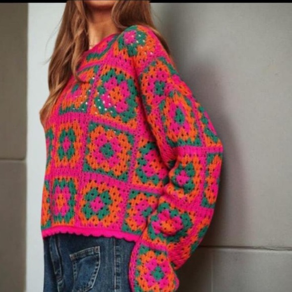 Patch Work Sweater Crochet Sweater / Boho Sweater Davi & Dani NWT Oversized - Picture 10 of 11